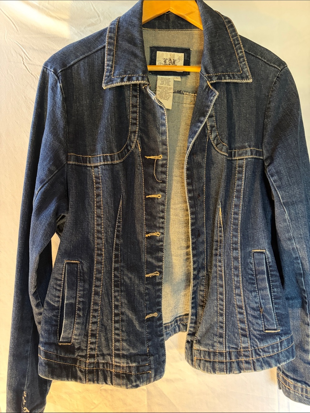 Live a Little Dark Blue Denim Jacket with Contrast Stitching